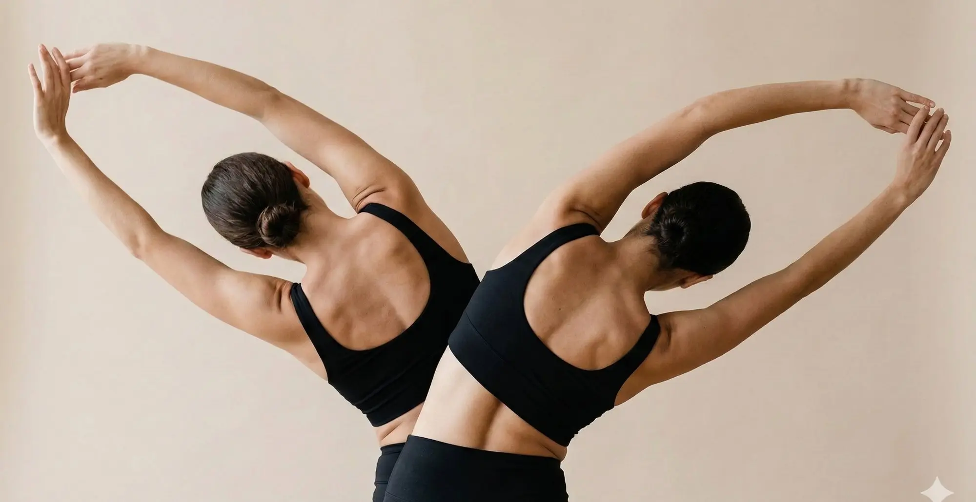 Deux femmes en étirement Pilates — séance accompagnée, fond beige