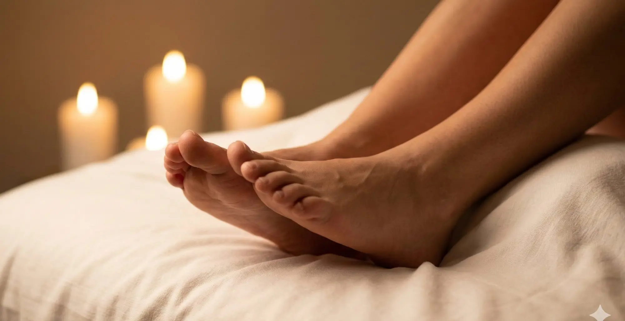 Massage thérapeutique — pieds sur lit avec bougies, ambiance chaleureuse